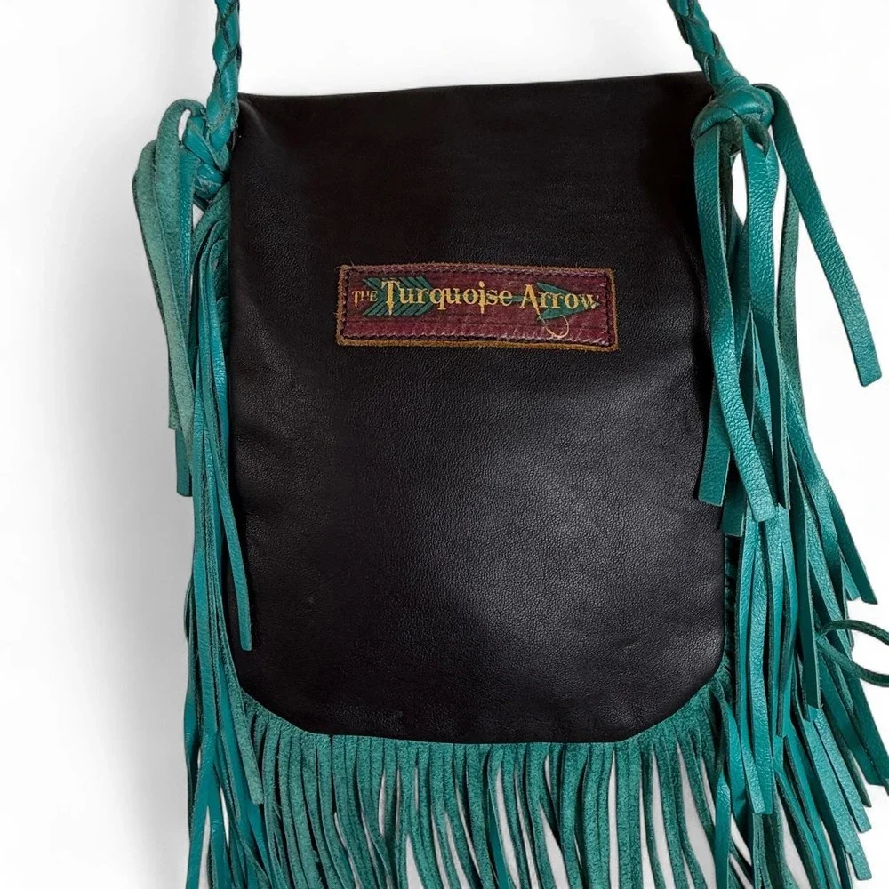 The Turquoise Arrow Black Leather Turquoise Fringe Crossbody Bag Western Boho OS
